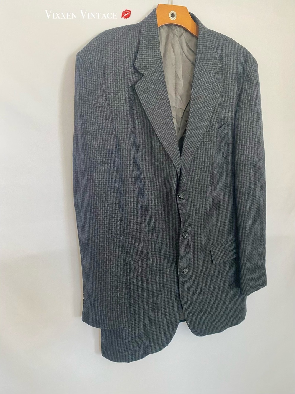 VINTAGE Y2K OSCAR DE LA RENTA MICRO-PLAID SINGLE-BREASTED WOOL BLAZER IN INDIGO